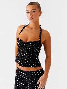 Women's Polka Dot Skirts Set Sleeveless Halter Neck Slim Fit Crop Top Bodycon Maxi Skirt Sets Summer Outfits - 黑色 - 查看 2