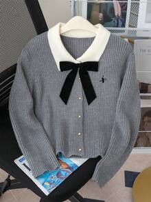 秋冬學院風拼色蝴蝶結領長袖刺繡女款開襟針織外套，街頭風 - 深灰色 - 查看 6