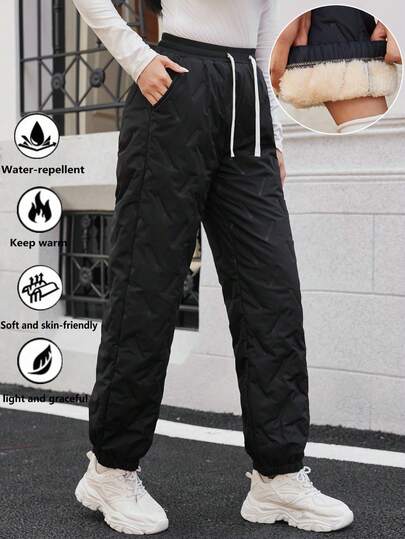 Casual Sporty Comfy Loungewear & Street-Chic Style Black Pants Ribbed Textured Pattern Trousers,Perfect For Winter Daily Wear, Gym Workouts,Outdoor Jogging, Rainy-Day Errands