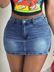 Damen Midi-Rock aus schwarzem Denim mit mittlerer Taille - Nicht dehnbar für elegante & sexy Lässig Zuhause