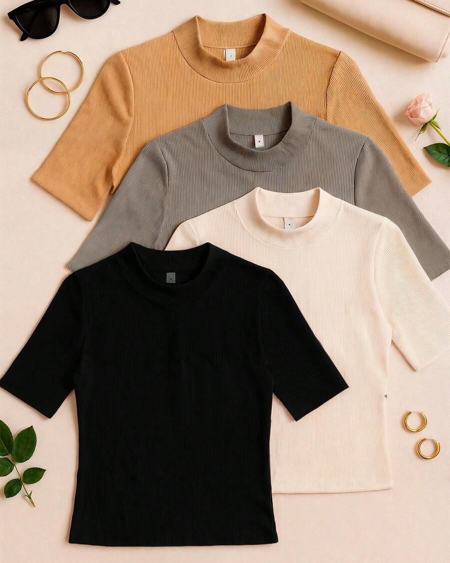Kit 4 Blusa Feminina Gola Alta Ribana Canelada Premium Manga 3/4 Básica Elegante Confortável Moda Feminina Clássica e Atemporal Ideal para Trabalho Dia a Dia ou Passeio Combina com Calça Jeans Saia ou Shorts Estilo Versátil Peça Essencial que Valoriza o Look com Conforto e Qualidade