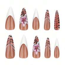Stiletto Press On Nails Long Fake Nails Brown Glue On Nails 3d Texture Flower Handmade Acrylic Nails 24Pcs Coquette Almond False Nails Manicure French Tip Full Cover Stick On Nails - 多色25 - 查看 3