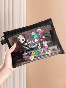 Mesh Cosmetic Bag With "All My Meds" Mesh Medicine Bag, Red Air Cushion Storage Portable Storage Bag, Makeup Bag, Skincare Bag, Travel Essentials, Dormitory Supplies, Wedding Bride Gifts, Mother's Day Gift, Birthday Gifts,Transparent Organizer For Pills & Medical Supplies, Stylish Travel Medication Pouch, Must - Have For Health Medicine Organizer Medicine Storage Bag For Travel For Outdoor First Aid Bag