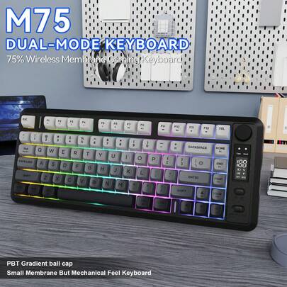  FREEWOLF M75 无线游戏键盘机械手感膜带旋钮和 OLED 显示屏蓝牙/2.4Ghz 彩虹背光渐变 PBT 键帽 2000mAH 电池防鬼影