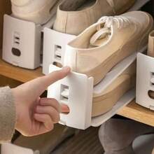 1pc Heavy-Duty Plastic Shoe Storage Organizer, Height-Adjustable, Space-Saving Two-Tier Shoe Rack System, Sturdy And Stackable Design With Non-Slip U-Shaped Grooves And Ladder-Shaped Frame