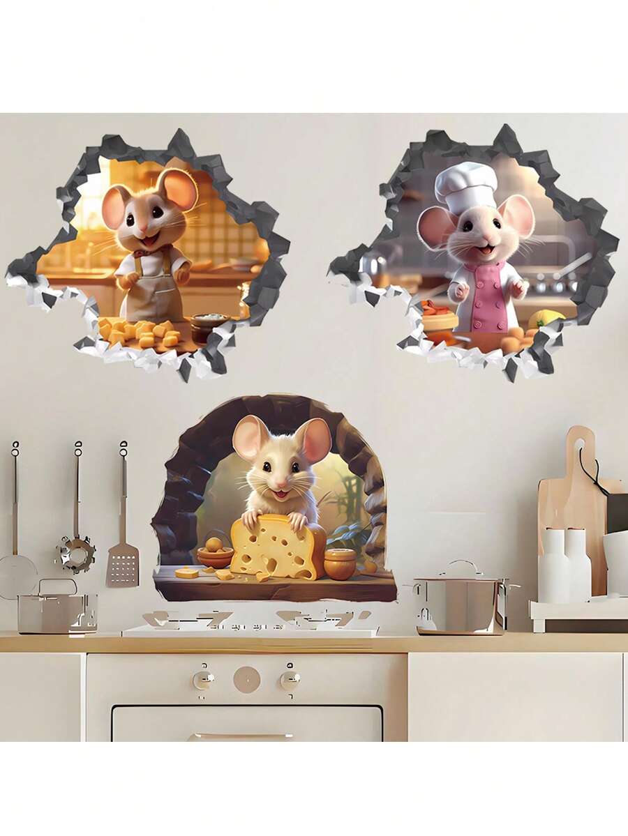 1 Piece 3D Cartoon Kitchen Mouse Chef Sticker Children's Room Decoration Mouse Hole Switch Sticker - Multicolor - View 1