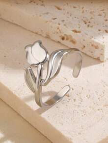 1pc Stainless Steel Minimalist Floral Tulip Design Ring, Suitable For Women's Daily Wear