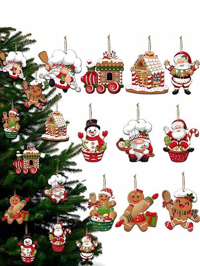 30/20/10/1pc Gingerbread Christmas Decorations, Wooden Chef Santa Baking Gingerbread Candy Cake Decor, Christmas Tree Hanging Ornaments With String, Holiday Party Indoor Outdoor Home Decor Room Decor