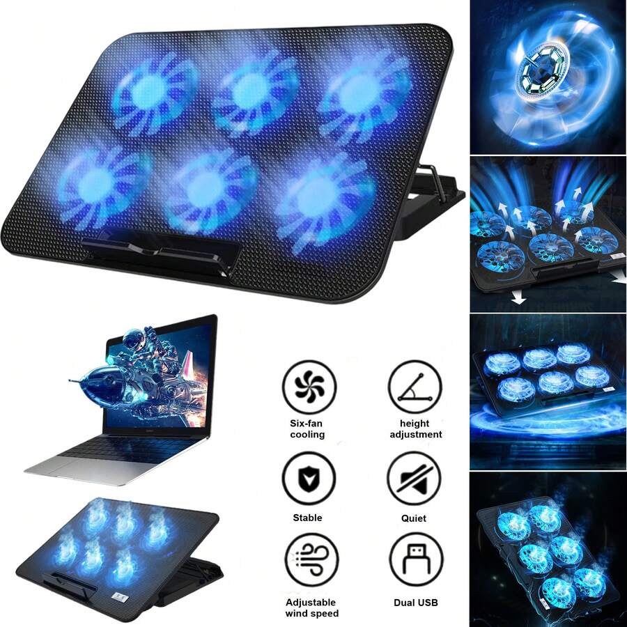 Gaming Laptop Cooling Pad With 6 Cooling Fans, USB Port, Adjustable Height Laptop Cooling Bracket, Suitable For 12-17 Inch Laptops - 所有 - 查看 1