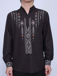 Men's Gentleman Dignified Simple Long Sleeve Shirt, Business Casual, Fall - Black - View 2