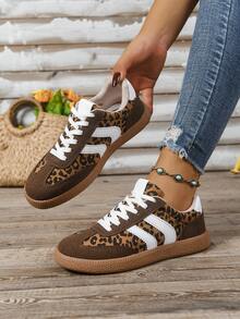 Women's Casual Versatile Leopard Print Accent Sneakers, Fashion Eye-Catching Comfortable Durable Rubber Soft Sole Athletic Shoes, Breathable Lightweight Patchwork Sports Shoes For Women - 咖啡棕 - 查看 1