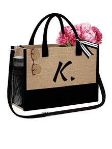 A-Z字母黑色帆布/亚麻手提袋，带化妆包，个性化礼品袋，适合婚礼、生日、海滩、度假、上学等场合，是送给女性、妈妈、老师、朋友、伴娘、学生的绝佳礼物。大容量手提袋，简约设计，便携休闲收纳袋。 - 彩色 - 查看 31