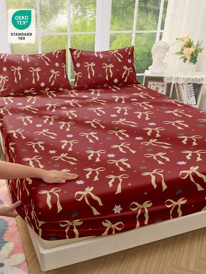 1件卡通圣诞床笠，圣诞床上用品，床垫保护套，床罩，柔软透气，抗起球，红色蝴蝶结图案，舒适家纺，适用于双人床
