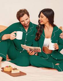 Couple Matching Pajamas 100% Cotton Long Sleeve Sleepwear Button Down Loungewear Pjs Set S-XXLhalloween - Hijau - View 11