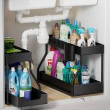 [Space-Saving Sink Organizer] Large Capacity Double Layer Pull-Out Sink Storage Rack Organizer | Space-Saving Under-Sink Shelf For Kitchen & Bathroom, Durable Plastic/Metal Design Holds 10-12 Inch Pipes, Black/White, Compact Design, Sturdy Construction, Apartment Dwellers - White - View 7