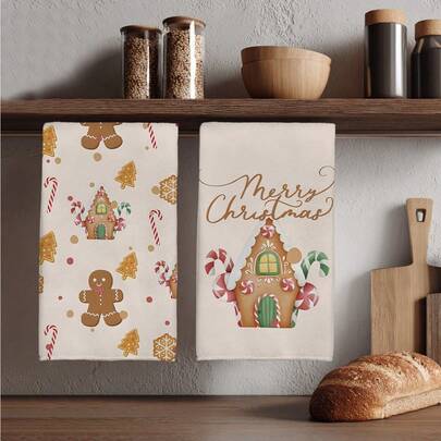 MEMNUN 2pcs Christmas Gingerbread Man, Gingerbread House, Candy Cane, Christmas Tree, Snowflake, Merry Christmas Text Printed Kitchen Towels, Dish Towels, Hand Towels, Dish Cloths, 15.75*23.62in(40*60cm), Super Soft Absorbent Microfiber, Modern, Christmas Decor, Home Decor, Kitchen Decor, Cooking, Baking, Tea Towels, Cleaning Supplies, Suitable For Restaurant, Kitchen, Christmas Holiday Decoration And Gifts, All Season