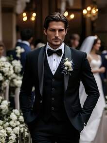 Men's Suit, Elegant Men's Suit Tuxedo Suit, Wedding Suit, Business Suit, Business Casual, With A Lapel Jacket, Vest Matching Trousers, Pure Color Simple And Atmospheric Design, Suitable For Daily Leisure, Holiday Activities, Business, Weddings, Balls, Commuting To Work And Other Occasions To Wear, But Also A Gift For A Boyfriend Or Husband. - 黑色 - 查看 1