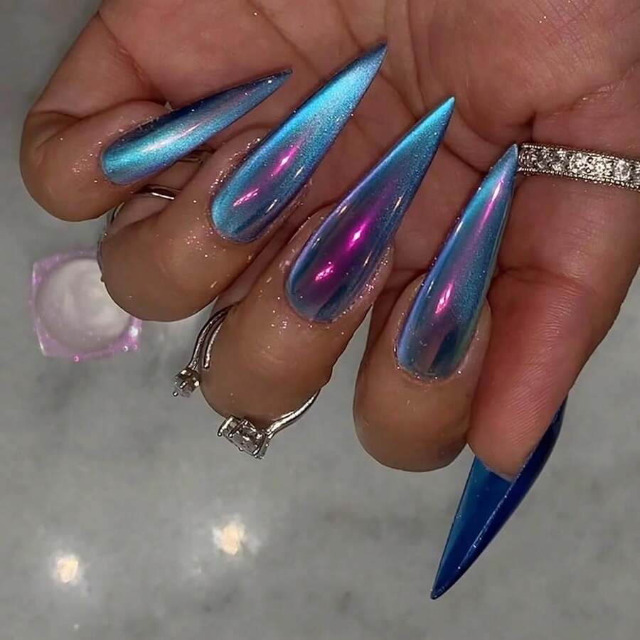 Stiletto Press On Nails Long Fake Nails Blue Chrome Glue On Nail Cat Eye Bling Acrylic Nails Shiny False Nails 24Pcs Manicure Stick On Nails Almond Glossy Artificial Gothic Nails - 多色2 - 查看 1