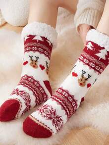 1 paire de chaussettes de Noël rouges et blanches avec motif de renne de dessin animé - nouvelles chaussettes d'hiver/automne pour la maison, chaussettes de sol, cadeau mignon pour le port quotidien en hiver, convient pour les fêtes de Noël et d'Halloween - Multicolore - Voir 1