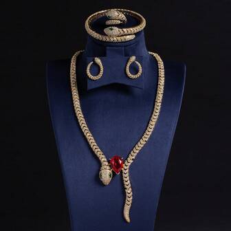 Juego de 5 piezas de joyería de moda para mujer, que incluye collar, aretes, pulsera y anillo. Combinación lujosa y brillante con diseño de serpiente, adecuado para uso diario, festivales, múltiples ocasiones, regalo de vacaciones o graduación (disponible en varios colores)