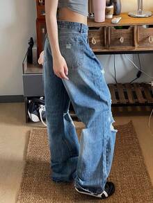 Washed Ripped Jeans For Men, Straight Leg Loose And Wide Leg American High Street Pants, Rugged And Handsome Couple Casual Pants