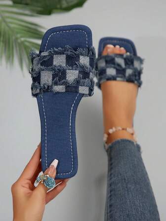 Pantuflas planas de mujer para otoño/invierno, estilo casual de vacaciones con punta cuadrada y estampado de cuadros, de fácil deslizamiento
