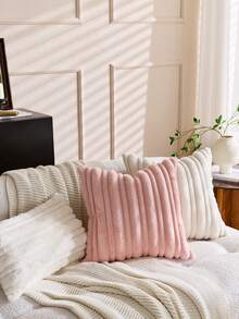 1pc Beige Textured Thick & Thin Stripe Rabbit Fur Decorative Throw Pillow Cover, Front Jacquard Rabbit Fur, Reverse Holland Velvet Fabric, Square Cushion Cover, Holiday Home Decor Pillow Case, Soft Velvet Material, Modern Decor For Sofa, Home & Bedroom - Beige - View 8