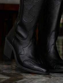 Botas vaqueras vintage con tacón alto y grueso bordadas para mujer de caña alta adecuadas para verano otoño invierno estilo retro y de punta puntiaguda Botas western perfectas para looks Boho Chic - Negroso - Ver 3