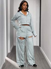 Women 2 Pieces Set Casual Hooded Long Sleeve Zip-Up Jacket And Flare Leg Ripped Fringe Decorated Pants With Pocket, Suitable For Autumn/Winter