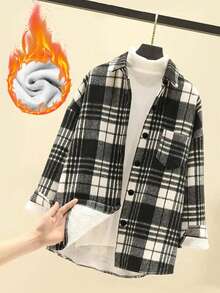 Nowa damska kurtka z polaru w kratę/tartan z kieszeniami zapinanymi na guziki z przodu, odpowiednia do codziennego noszenia jesienią/zimą