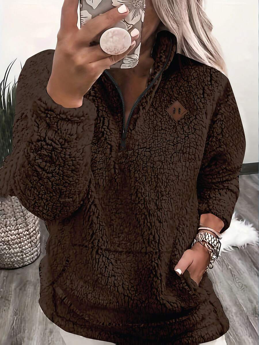 Pullover mit Tasche, lässiges Langarm Herbst/Winter Oberteil für Damen, Teddy Sherpa Pullover, Herbst/Winter Halb-Reißverschluss Kapuzenpullover, Fleece Lässig Sweatshirt, Neue Herbstmode 2025 für Damen, Herbst/Winter Mantel