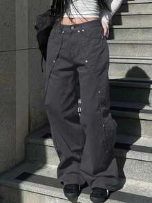 Women's Y2K Style Straight Jeans, Loose Wide Leg, Wood Pants - Xám - Xem 3