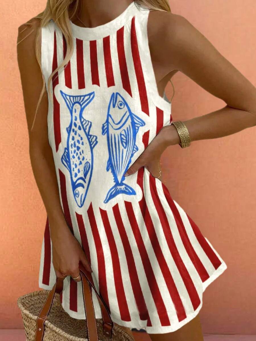 Sea Starshine Bohemian Vacation Summer Beach Casual Vacation Comfortable Women's Vintage Clashing Striped Fish Pattern Sleeveless Dresses Brunch Outfits For Women