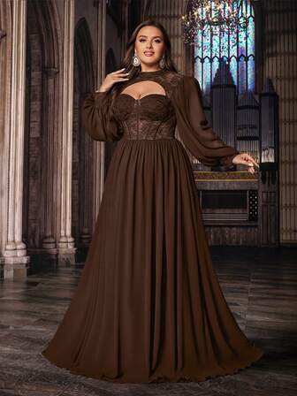 Elegante vestido de gala de gasa con mangas largas y encaje para mujer de talla grande de unicolor