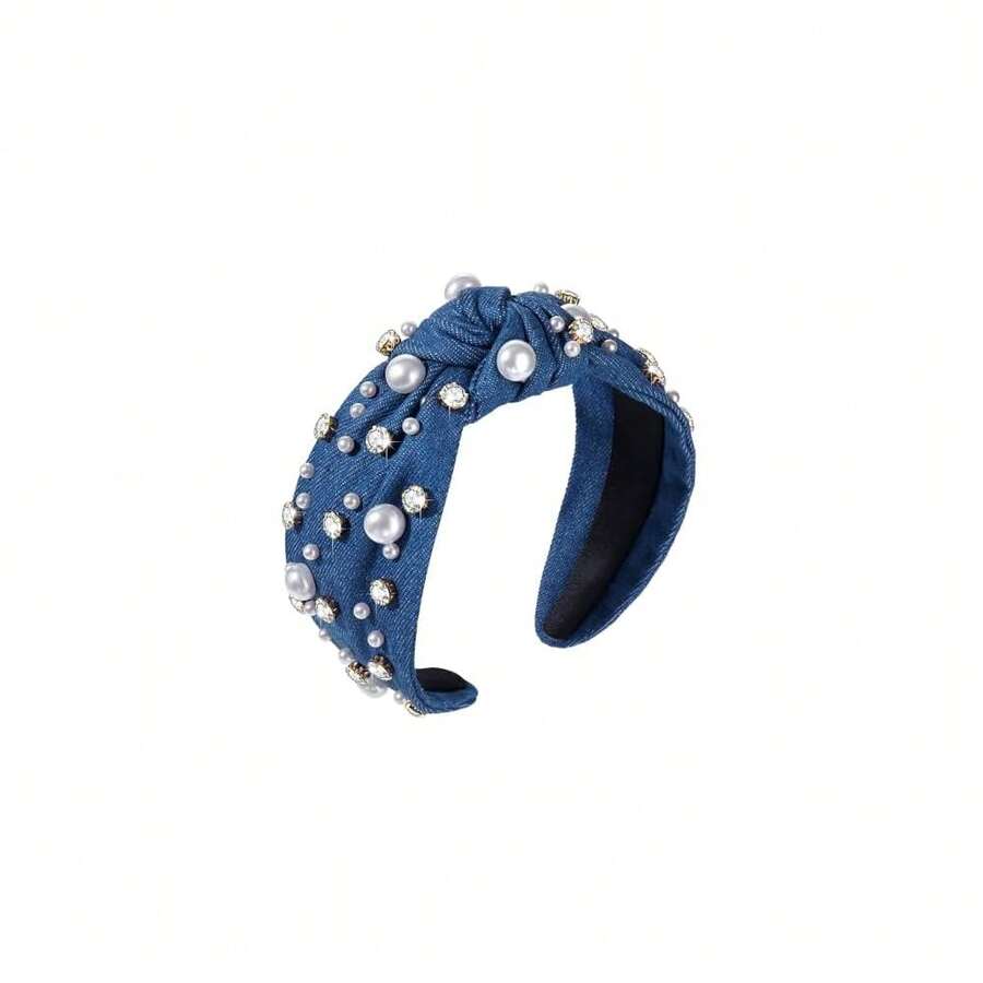 Pearl Knotted Headband For Women White Pearl Rhinestone Jeweled Hairband Fashion Ladies Wide Bride Boho Party Hair Accessories (Denim Dark Blue Knot Hairband) - 牛仔布深藍色結髮帶 - 查看 1