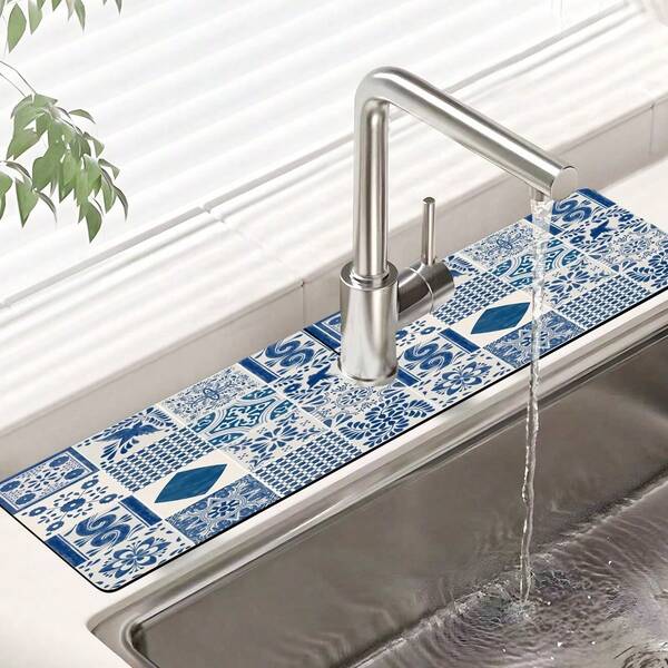 1 pieza Alfombrilla antideslizante para grifos con diseño vintage de flores y cuadros, hecha de goma de gel de sílice, apta para grifos de baño y cocina