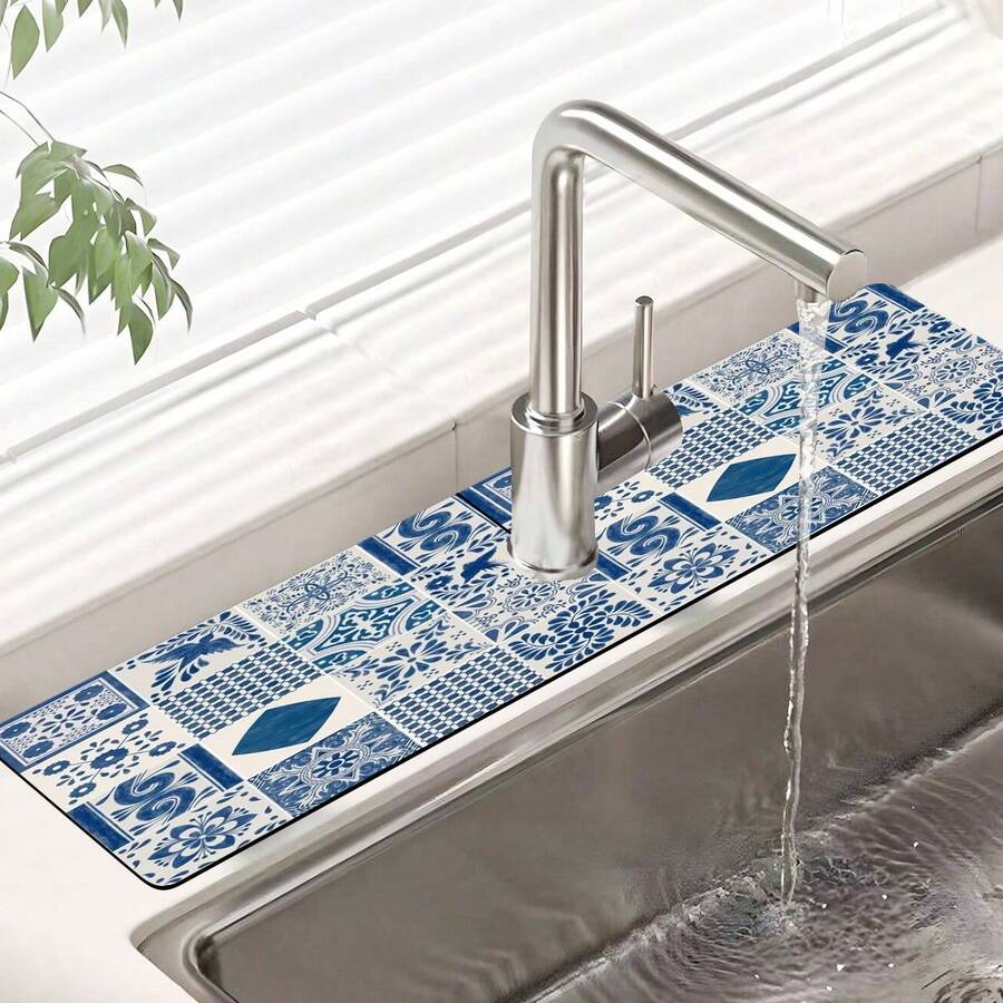 1 pieza Alfombrilla antideslizante para grifos con diseño vintage de flores y cuadros, hecha de goma de gel de sílice, apta para grifos de baño y cocina - Multicolor - Ver 1