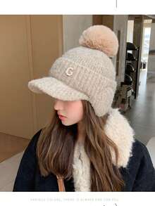 Warm Knitted Baseball Cap, Thermal Lined Windproof Ear Protection Cap, Simple Embroidered Fuzzy Beanie Hat, Suitable For Skiing, Cycling, Outdoor Use, Women Autumn/Winter - Multicolor - View 7