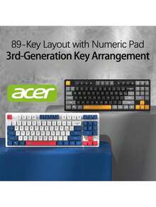 Acer OKW216 Mechanical Keyboard, Plug-And-Play USB Compatible, 89-Key Portable Layout, Full-Key Rollover Technology, Floating Keycaps For Easy Maintenance, White, Blue, And Red - White, Blue and Red - View 2