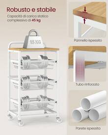 Carrello da Cucina a 4 Ripiani, con Cesti Scorrevoli, Carrellino da Cucina con Rotelle, con Maniglia, 31,7 x 40 x 76 cm, Rovere Dorato e Bianco Opaco - Bianco - Visualizzare 5