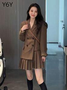 [Y6Y] 女士优雅休闲两件套，包含一件西装外套和一条百褶迷你裙，不对称下摆西装外套设计，时尚休闲装扮 - 咖啡棕 - 查看 5
