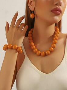 1 Set de 4 piezas de Collar, Pulsera Elástica, Aretes de Estilo Bohemio Retro Exagerado con Cuentas Geométricas de Plástico, Juego de Joyas como Regalo para Mujeres, Uso Diario