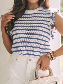 Women's Crochet Knit Striped Sweater Vest Lightweight Crewneck Ruffles Cap Sleeve Top Nutmeg Color  Striped  Colorblock    Casual    Rib-Knit  Ruffle    Vacation - Blue and Multi-color - View 4