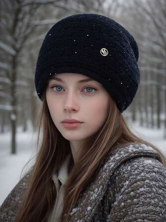 1 Stück Unisex Loose Fit Strick Beanie Mütze, Metall Logo, weich & warm, geeignet für Outdoor, Spazierengehen, Einkaufen, Alltag, Herbst/Winter