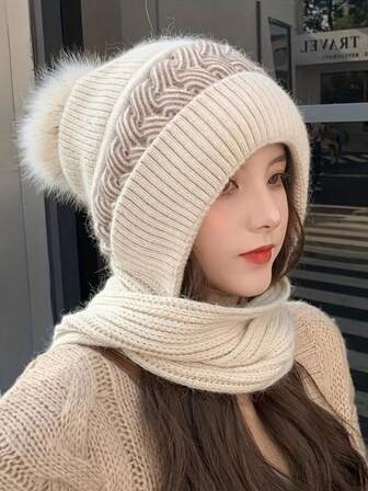 1 pieza/Set Nuevo Suéter con capucha de punto para mujer en invierno, con diseño acolchado térmico y grueso, gorro de lana integrado a prueba de viento, elegante y único, y versátil