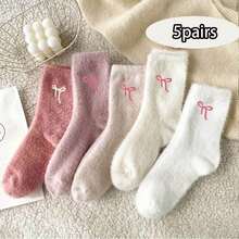 5 Pairs Of Women's Plush Bow Mid-Calf Socks Winter Fleece-Lined Thick Warm Sleep Socks Pink Set