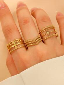 3pcs/Set Stainless Steel Leaf Line Decor Rings, Fashionable & Versatile For Everyday Wear