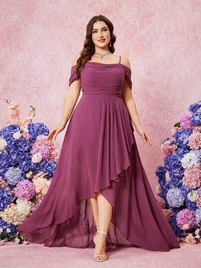 Plus Size Women Spaghetti Strap Chiffon Waist Ruffles Asymmetric Hem Elegant Party Dress, Bridesmaid Dress