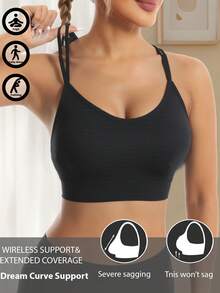 1件无缝高弹交叉运动文胸，适合瑜伽、跑步、健身，优雅纯色瑜伽配饰，时尚运动服，耐穿运动服，女士内衣 - 黑色 - 查看 2