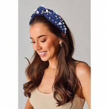 Pearl Knotted Headband For Women White Pearl Rhinestone Jeweled Hairband Fashion Ladies Wide Bride Boho Party Hair Accessories (Denim Dark Blue Knot Hairband) - 牛仔布深藍色結髮帶 - 查看 3